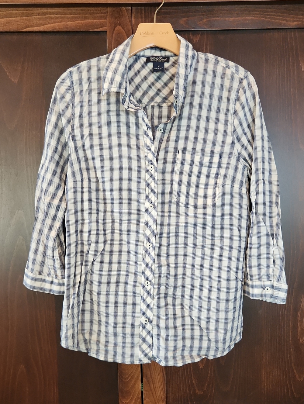 Lucky Brand White and Blue Gingham Button-Down Shirt